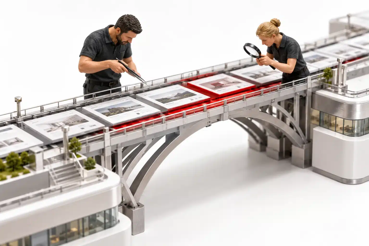 Two engineers inspect a conceptual model of SEO migration planning at a technical review station.