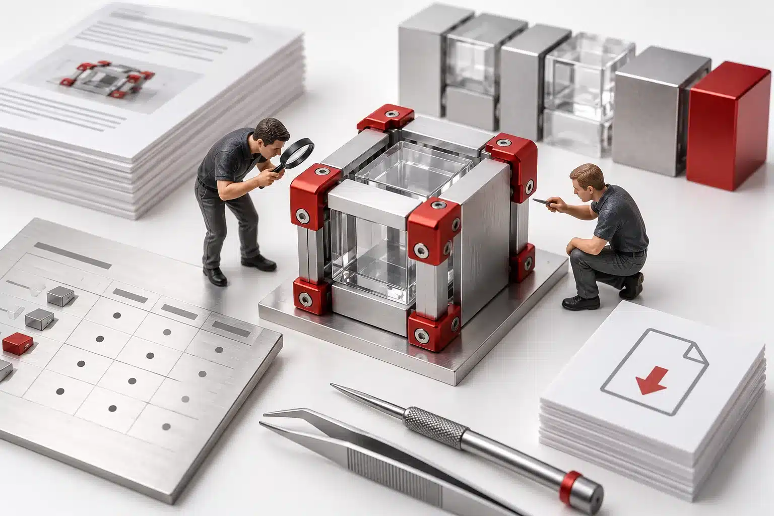 Two engineers inspect a conceptual model of WordPress Webflow content migration at a technical review station.