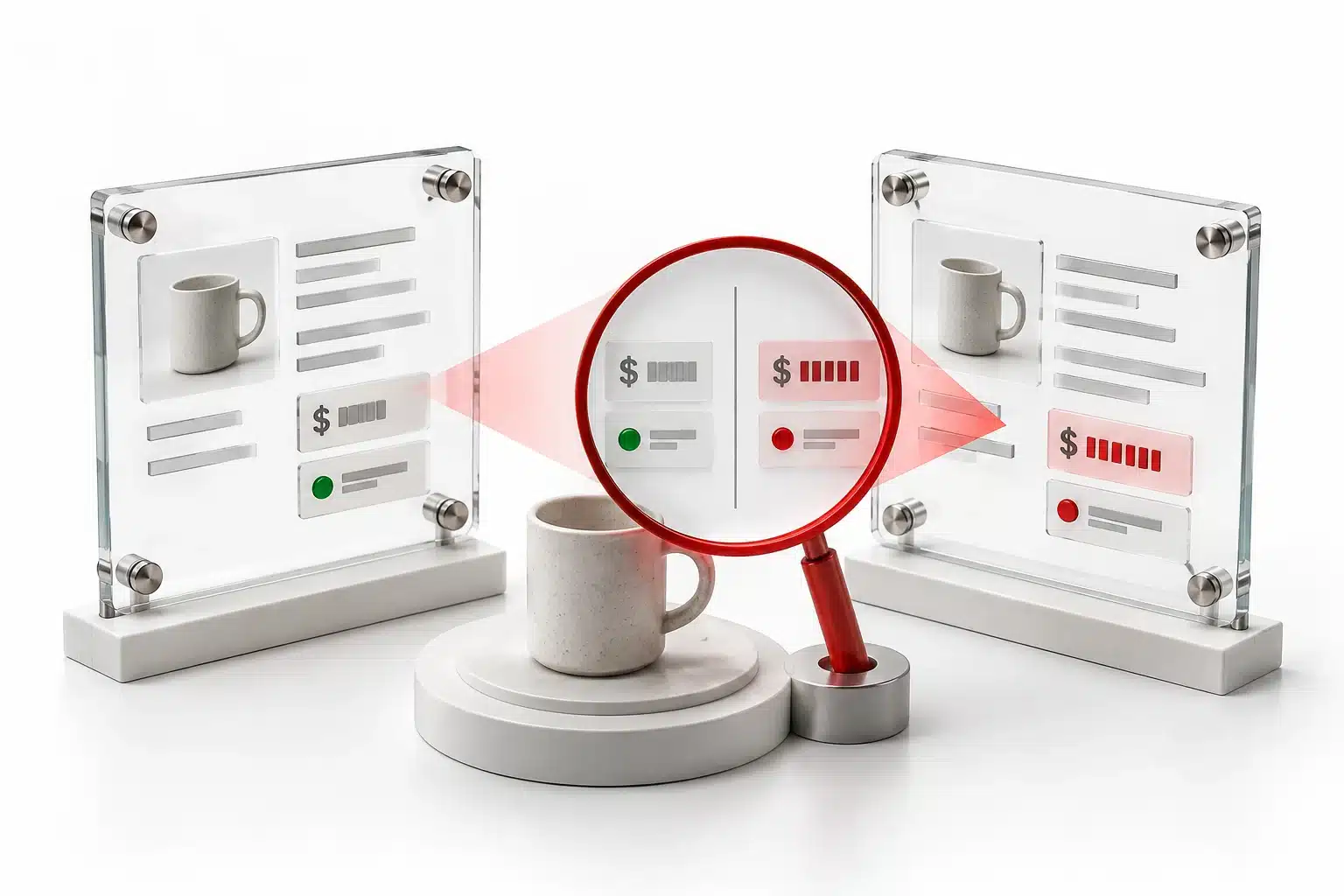 Conflicting product data plates are compared against the same product's price and stock display.