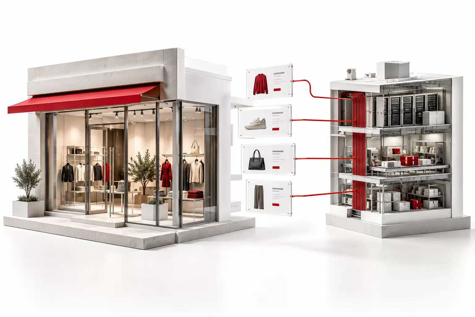 Headless Shopify storefront layers connect product information and routes to a separate commerce engine.