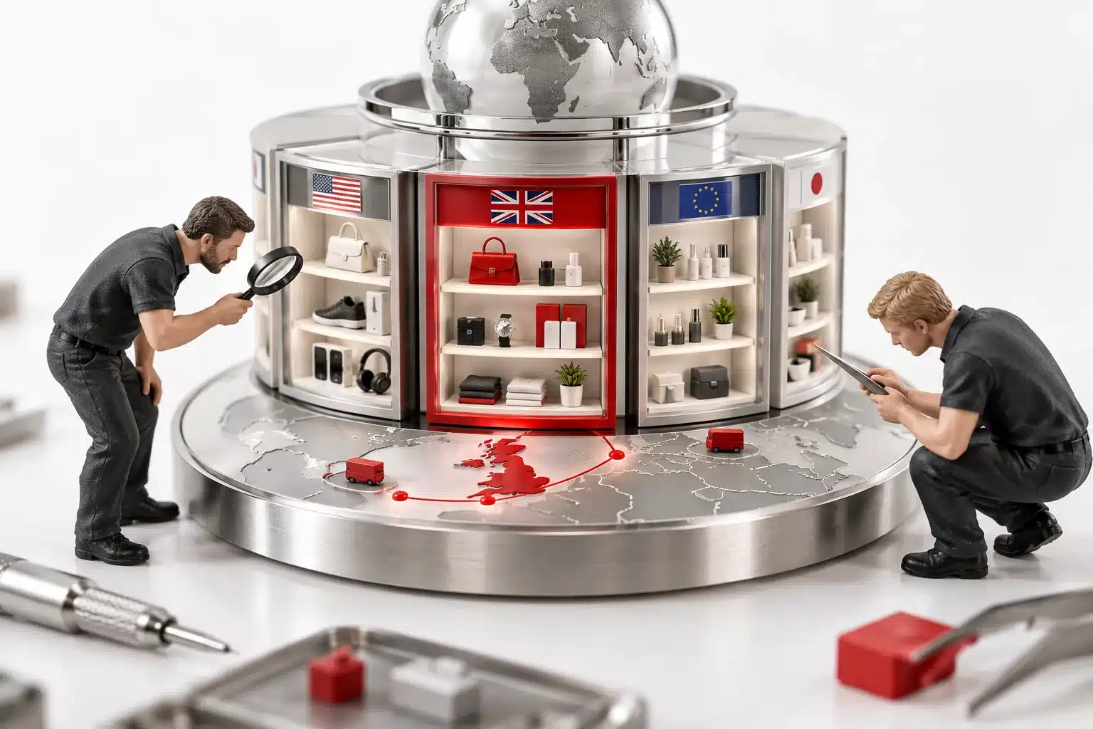 Two engineers inspect a conceptual model of Shopify market journey at a technical review station.