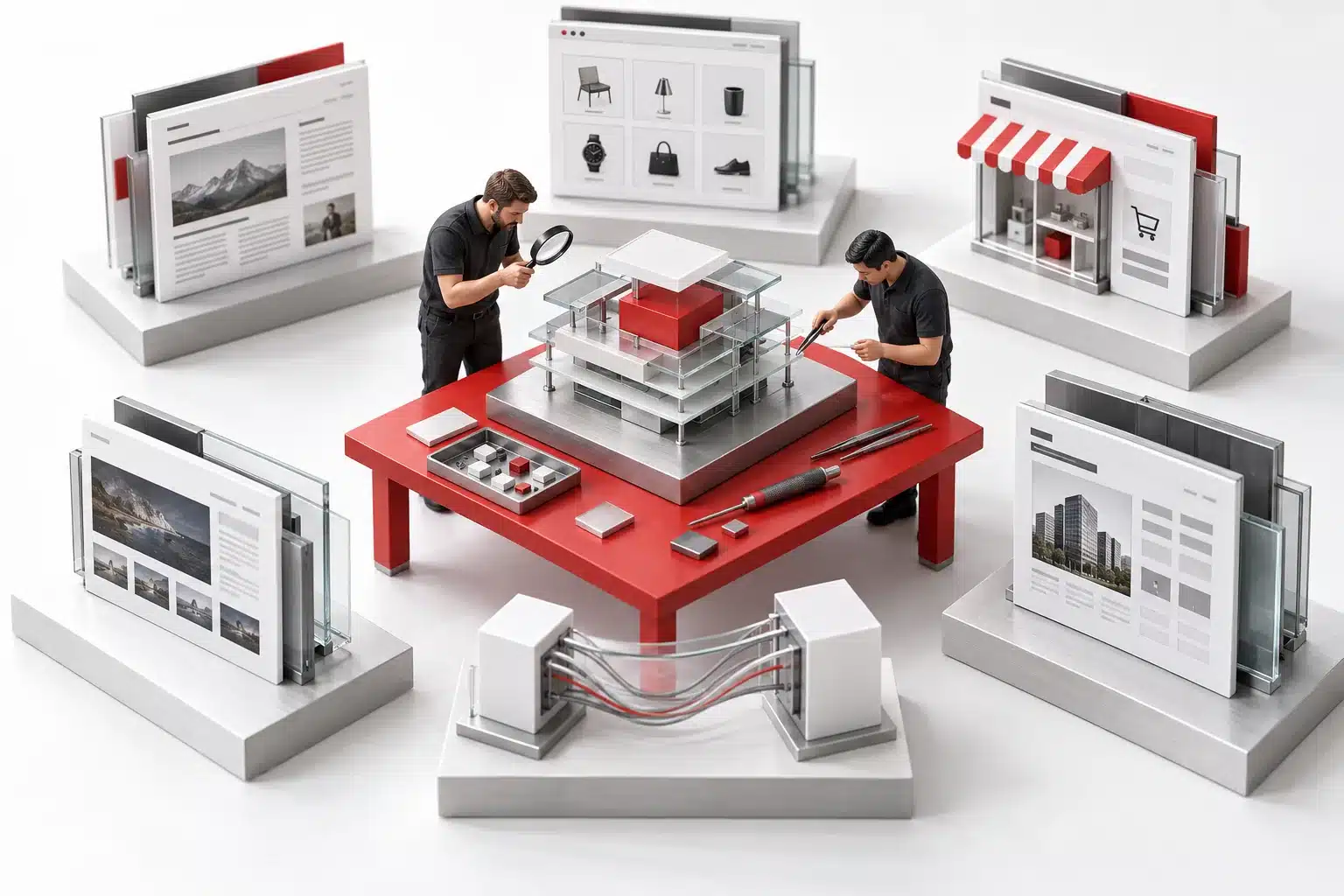 Two engineers inspect a conceptual model of SEO platform architecture at a technical review station.