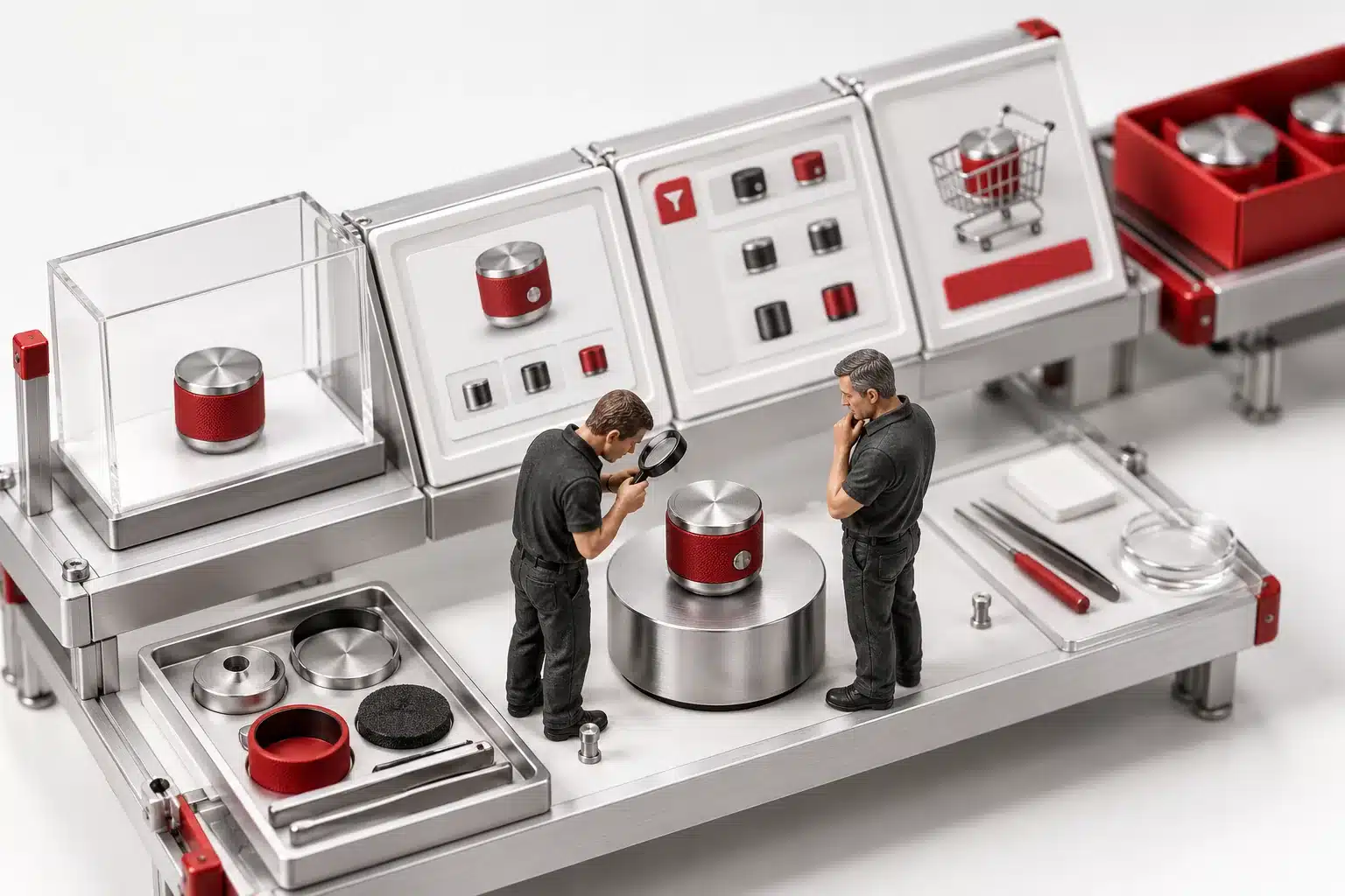 Two engineers inspect a conceptual model of WooCommerce product state audit at a technical review station.