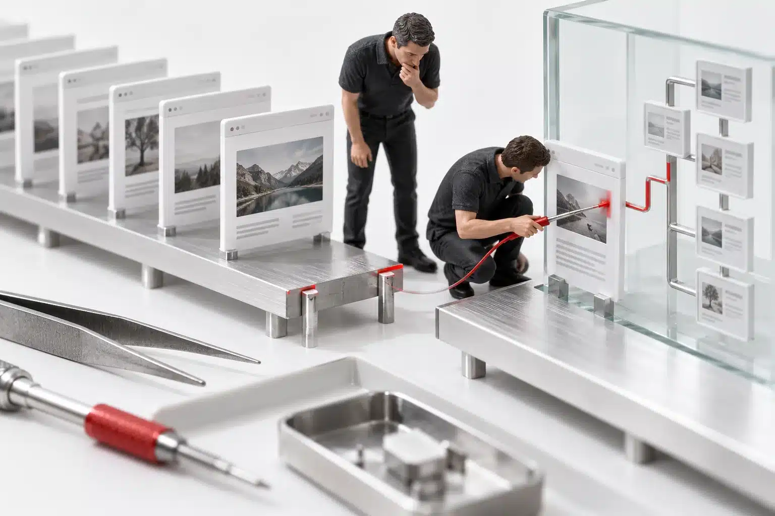 Two engineers inspect a conceptual model of WordPress indexing diagnosis at a technical review station.
