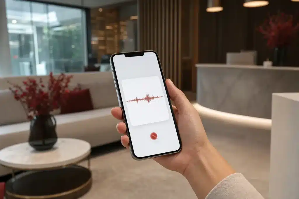 AEO agency for rhinoplasty practices: a hand holding a smartphone showing a minimal voice