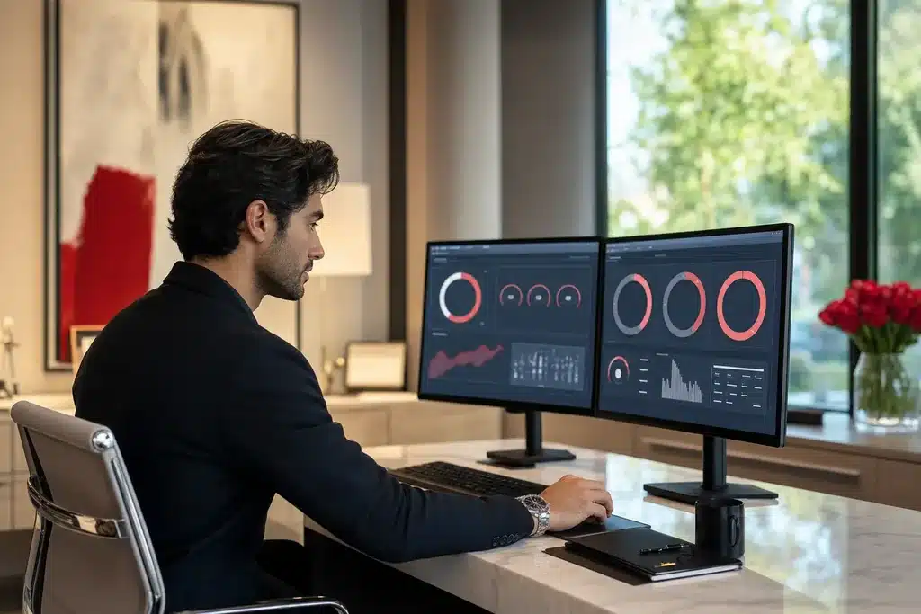 AI visibility audit for rhinoplasty practices: an analyst reviewing a visibility audit dashboard wi