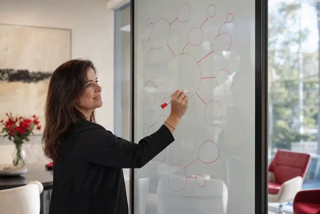 rhinoplasty practices content marketing strategy: a topic cluster mind map drawn on a glass whiteboard