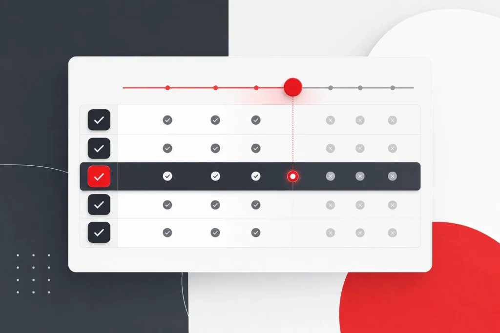 Abstract editorial illustration of an agency evaluation scorecard with checklist rows and a red rating marker on a charcoal and white grid