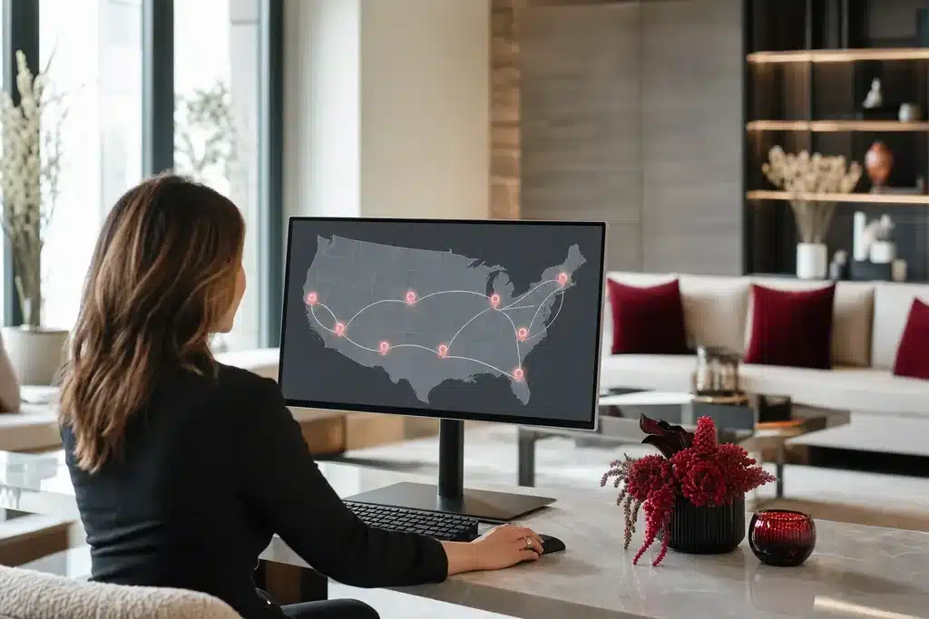 local SEO for rhinoplasty practices: a monitor showing a multi location map with several