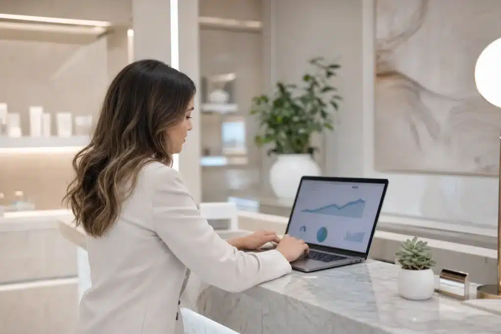 SEO agency for rhinoplasty practices reviewing website growth analytics in a modern aesthetic clinic