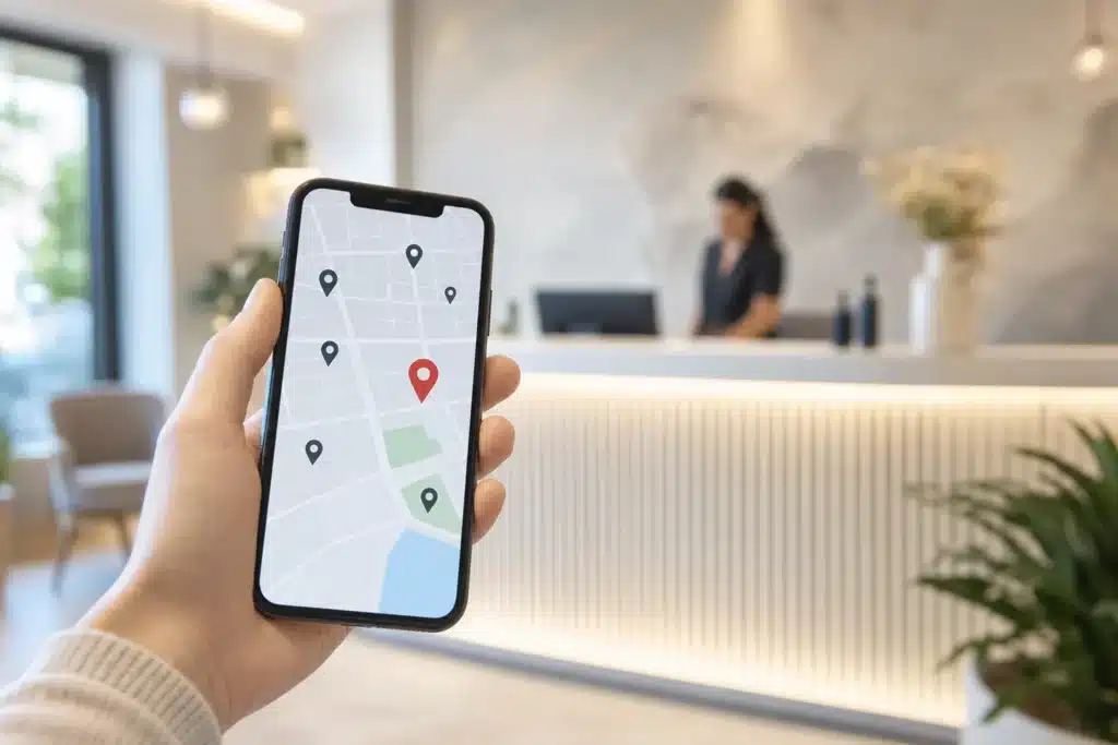 Local SEO for rhinoplasty practices shown as map pins on a smartphone