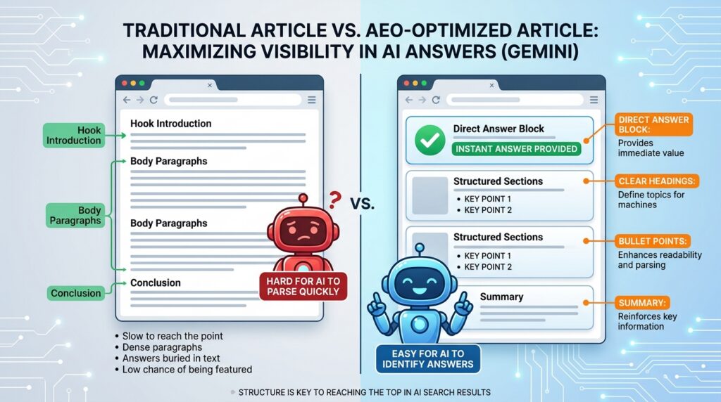 How to Rank in Gemini: The Complete AEO and AI Search Optimization Guide 2 traditional article vs AEO-optimized article gemini optimization